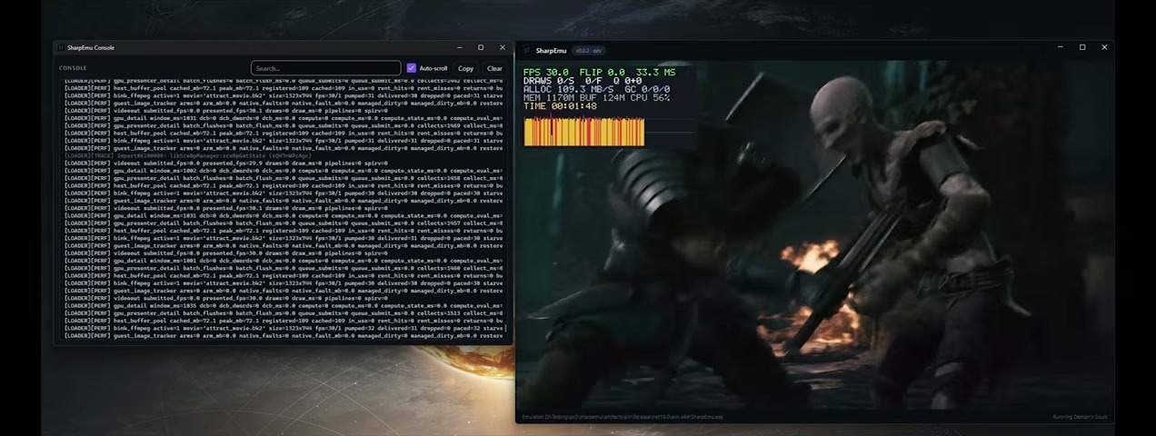 Jendela SharpEmu dengan log debug dan sinematik Demons Souls