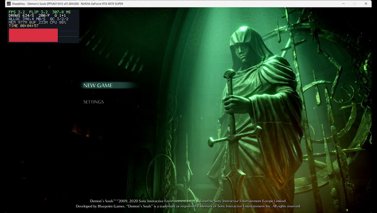 Menu New Game Demons Souls berjalan di emulator PS5 SharpEmu