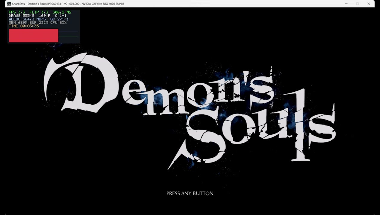 Title screen Demons Souls di SharpEmu menampilkan overlay FPS rendah