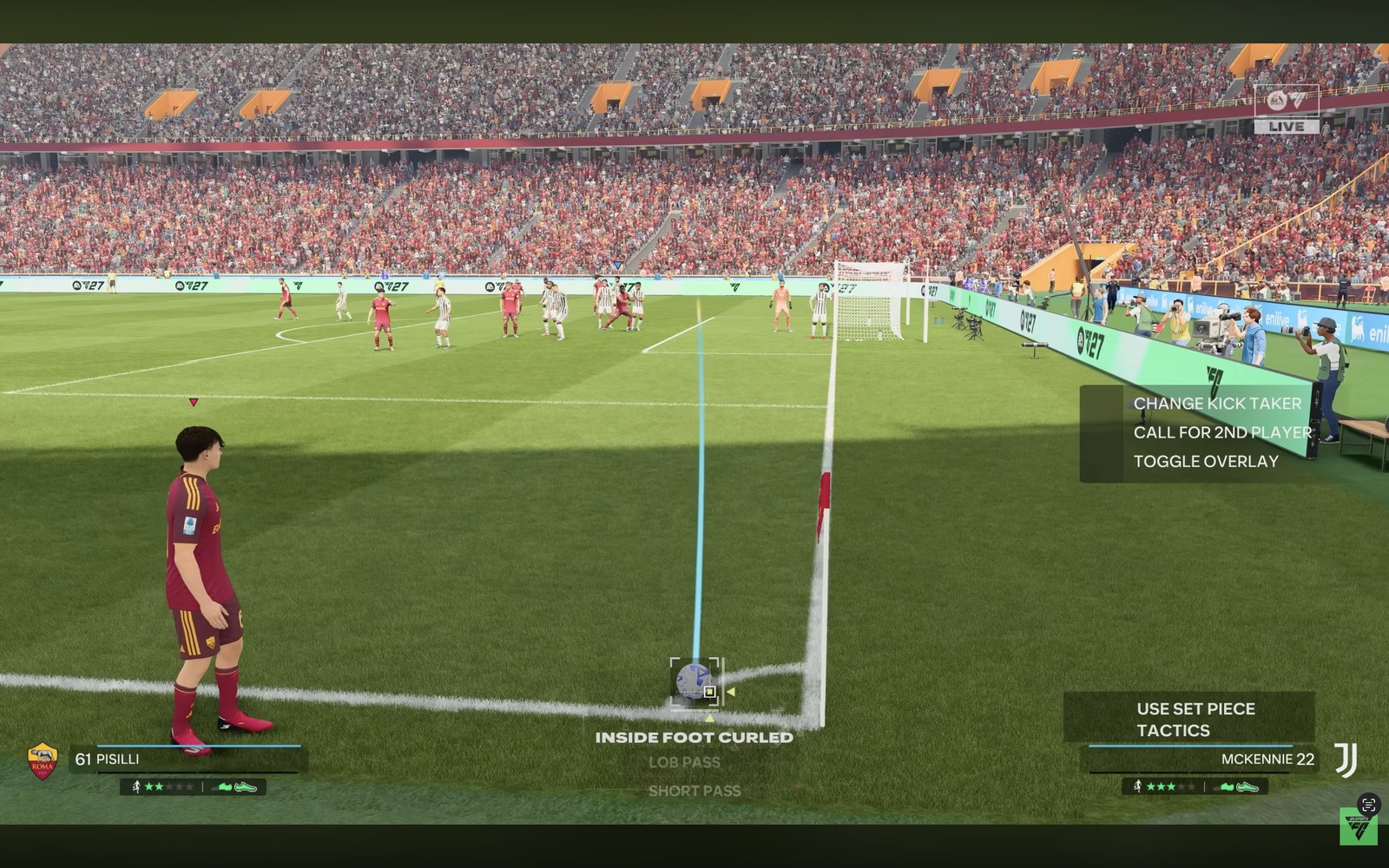 Fase pertama corner kick di EA Sports FC 27 dengan opsi change kick taker dan inside foot curled