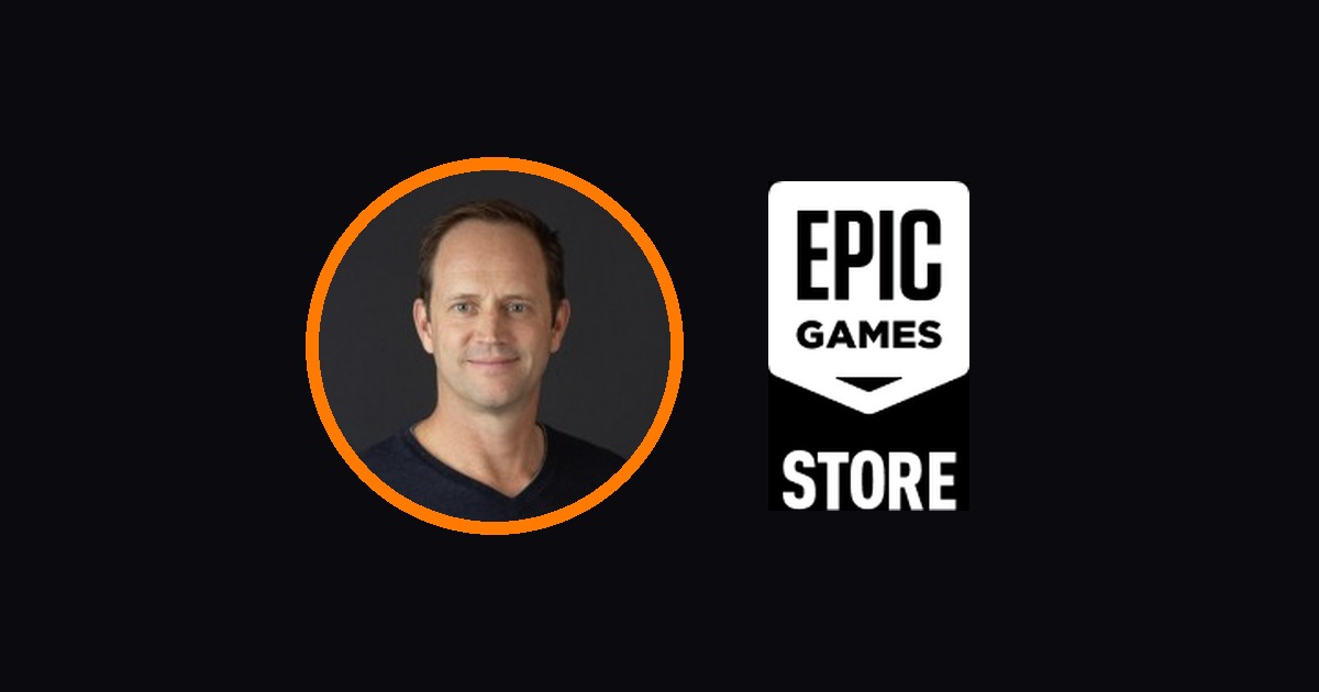 Foto Martin Keely di samping logo Epic Games Store
