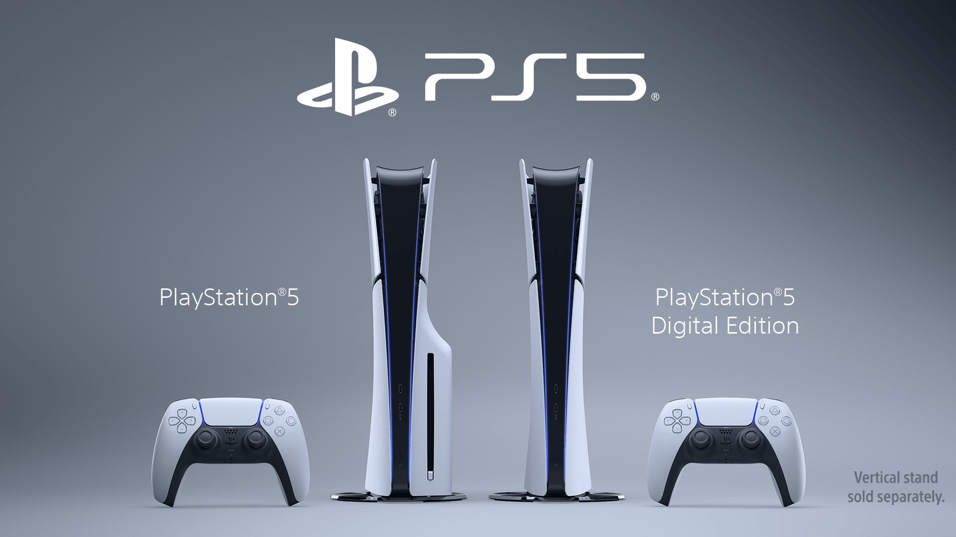 PlayStation 5 versi dengan disc drive bersanding dengan PlayStation 5 Digital Edition