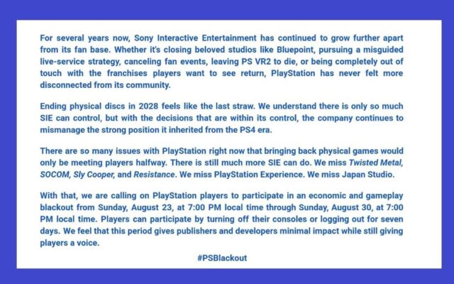 Pernyataan penggagas #PSBlackout yang menyerukan blackout PlayStation 23 sampai 30 Agustus 2026