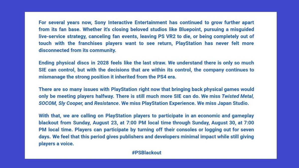 Pernyataan penggagas #PSBlackout yang menyerukan blackout PlayStation 23 sampai 30 Agustus 2026