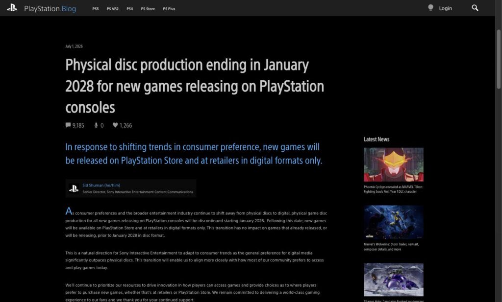 Tangkapan layar artikel PlayStation Blog soal penghentian produksi disc fisik mulai Januari 2028