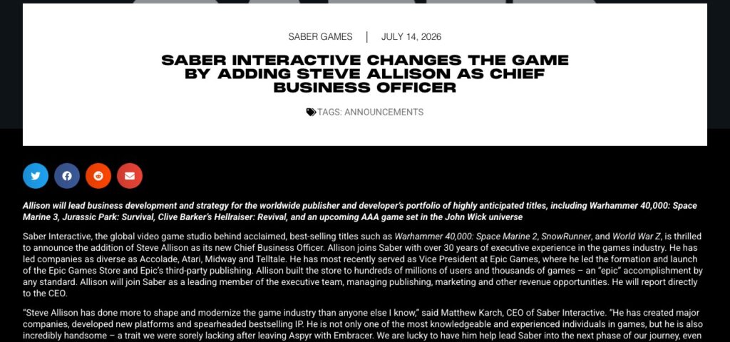 Tangkapan layar siaran pers Saber Interactive 14 Juli 2026 yang menyebut Steve Allison sebelumnya Vice President di Epic Games dan memimpin peluncuran Epic Games Store