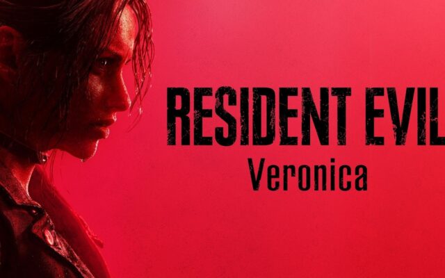 Key art Resident Evil Veronica menampilkan Claire Redfield dengan latar merah dan logo judul