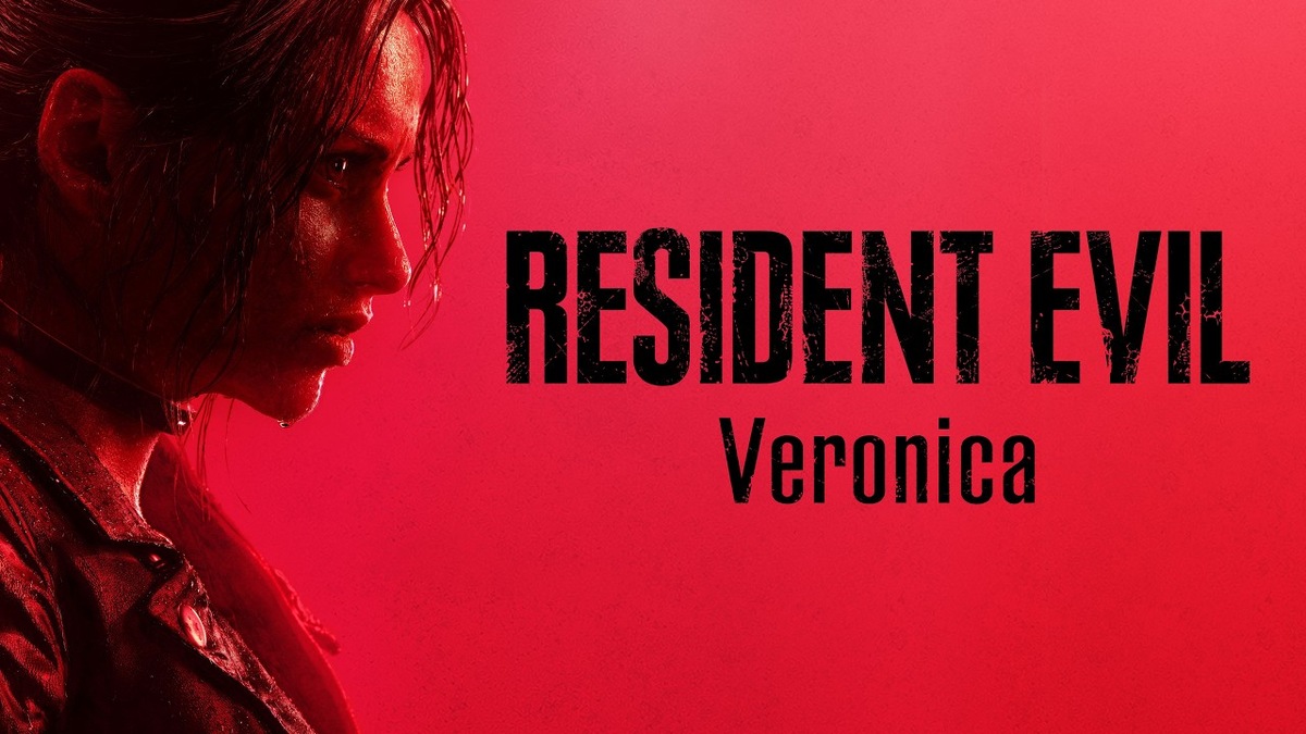 Key art Resident Evil Veronica menampilkan Claire Redfield dengan latar merah dan logo judul