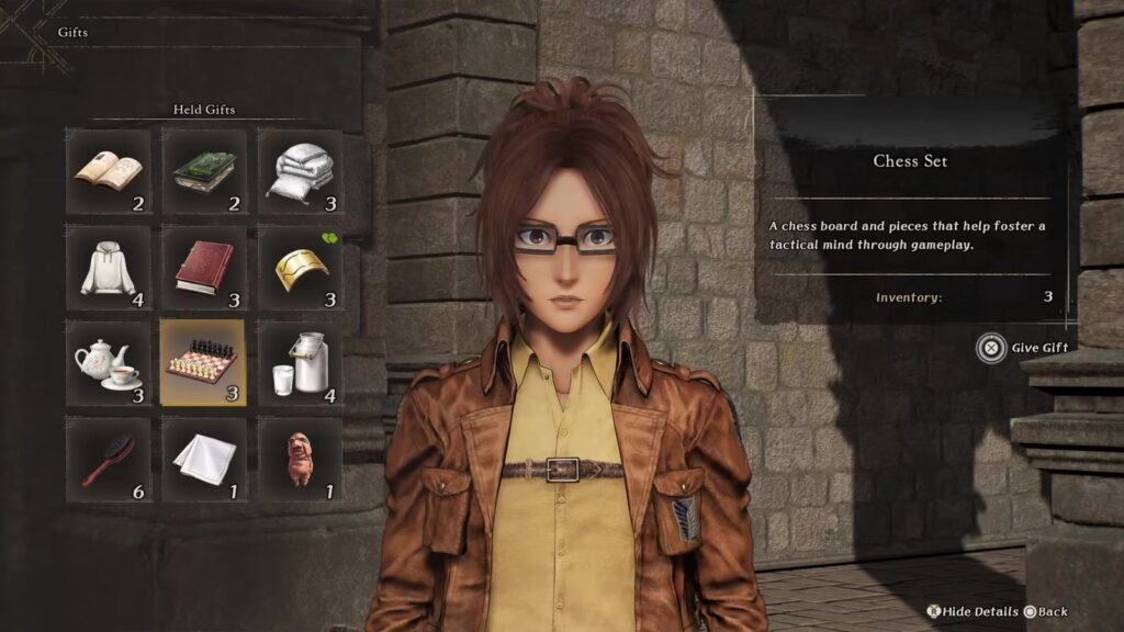 Menu pemberian hadiah kepada Hange di Attack on Titan 3