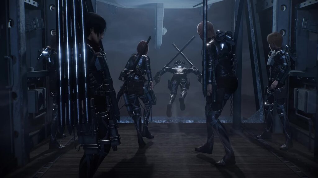 Anggota Survey Corps bersiap di hanggar dalam Attack on Titan 3