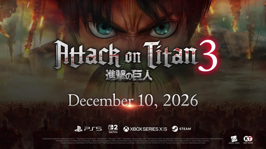 Layar judul Attack on Titan 3 dengan tanggal rilis 10 Desember 2026 dan daftar platform