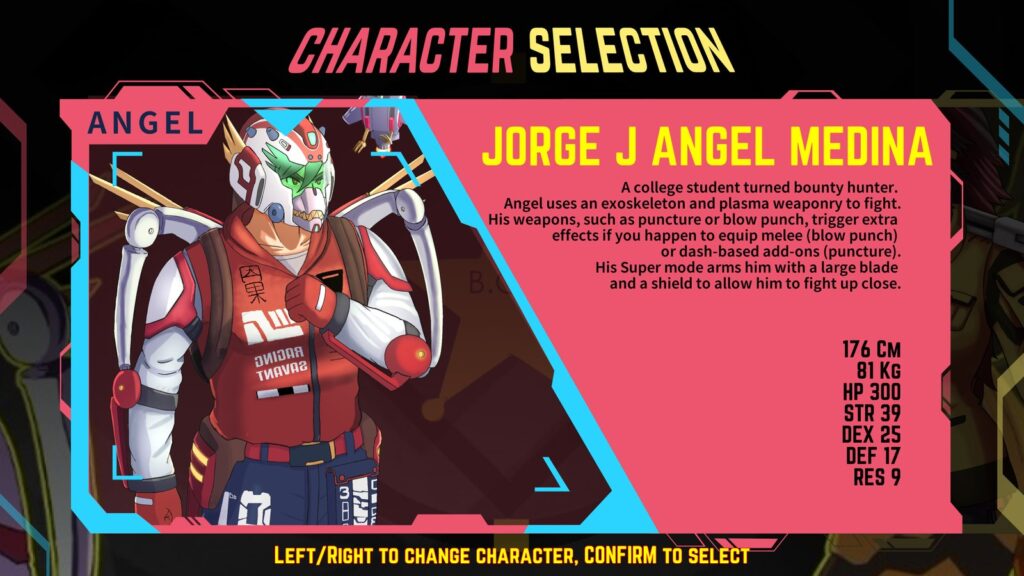 Layar pemilihan karakter Angel dengan statistiknya