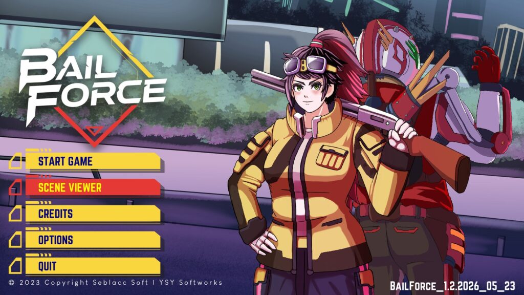 Layar menu utama Bail Force dengan Lea dan Angel