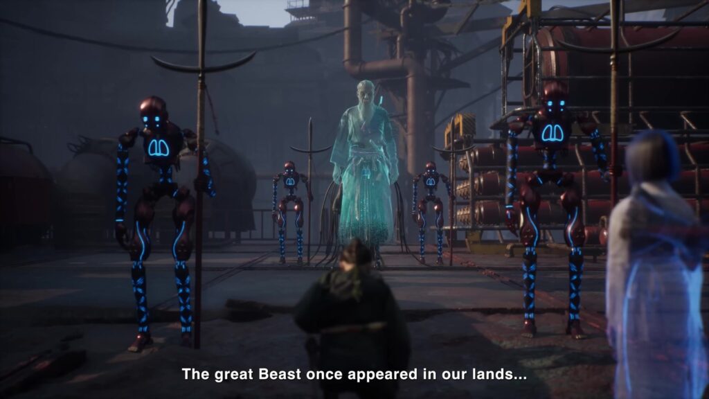 Adegan sinematik Beast of Reincarnation dengan sosok hologram dan robot