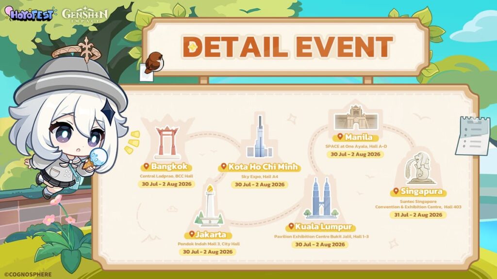 Peta kota dan tanggal HoYo FEST 2026 di Asia Tenggara