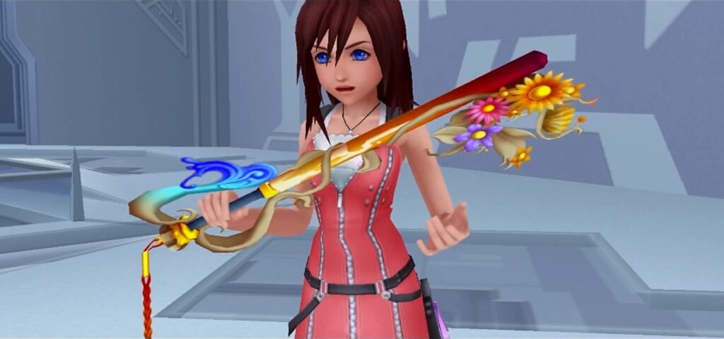 Kairi memegang Keyblade berhias bunga di Kingdom Hearts II