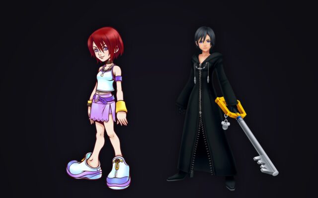 Artwork resmi Kairi dan Xion dari seri Kingdom Hearts dengan latar gelap