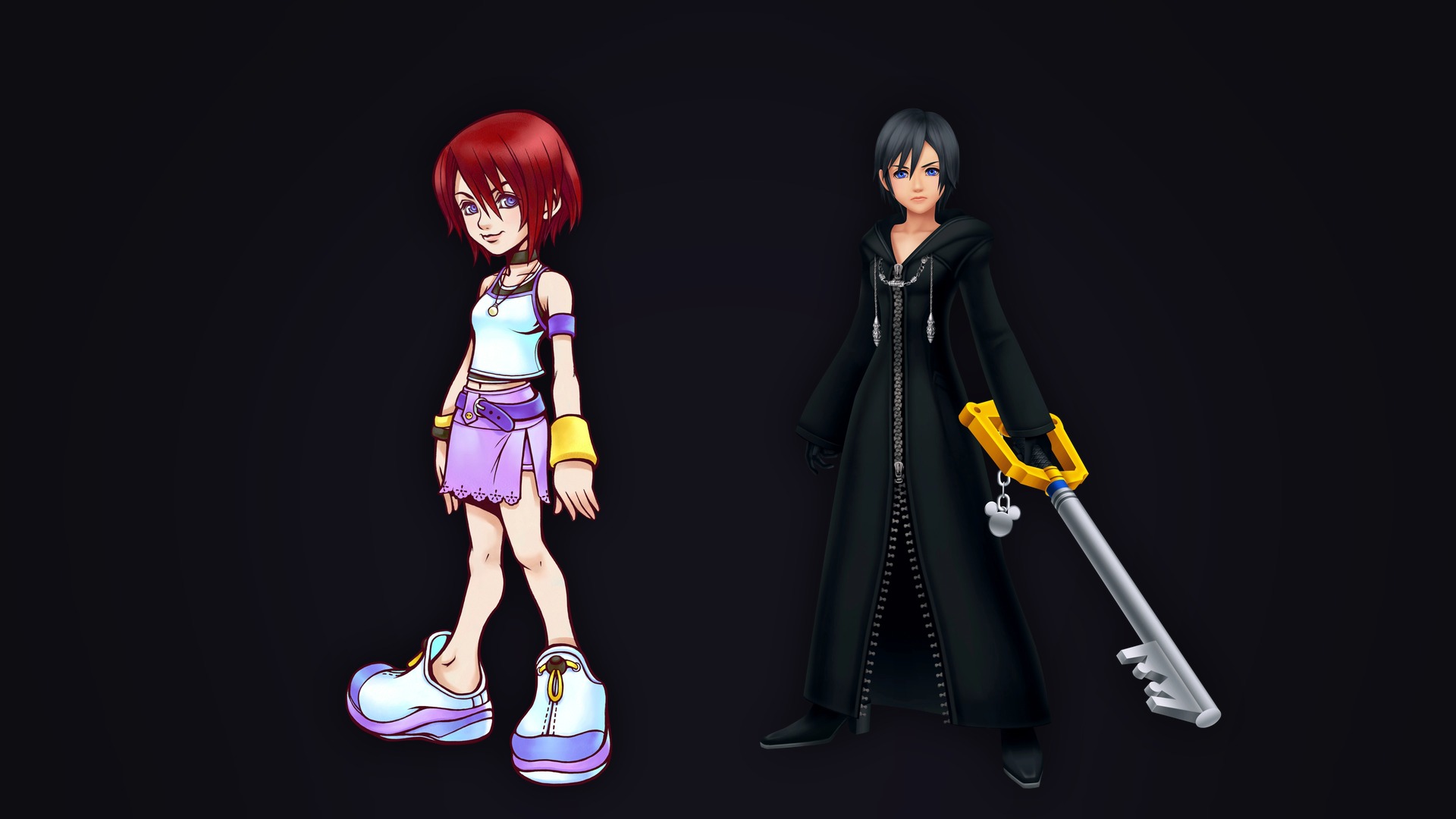 Artwork resmi Kairi dan Xion dari seri Kingdom Hearts dengan latar gelap
