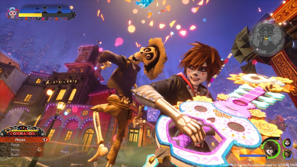 Sora menyerang musuh berbentuk kerangka dengan menu Commands di kiri layar