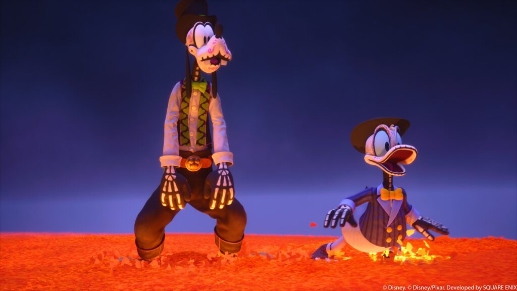 Goofy dan Donald Duck dengan busana dan riasan tengkorak khas dunia Coco