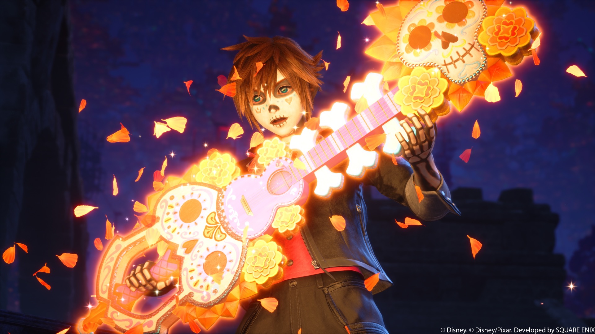 Sora berwajah cat tengkorak mengayunkan Keyblade berbentuk gitar dengan hiasan bunga marigold