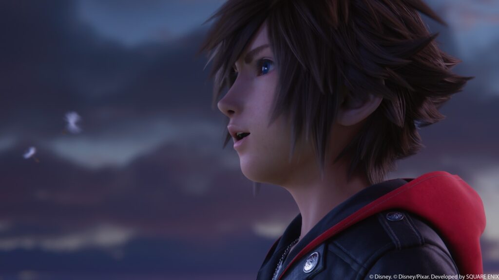 Close-up wajah Sora menatap langit senja berawan
