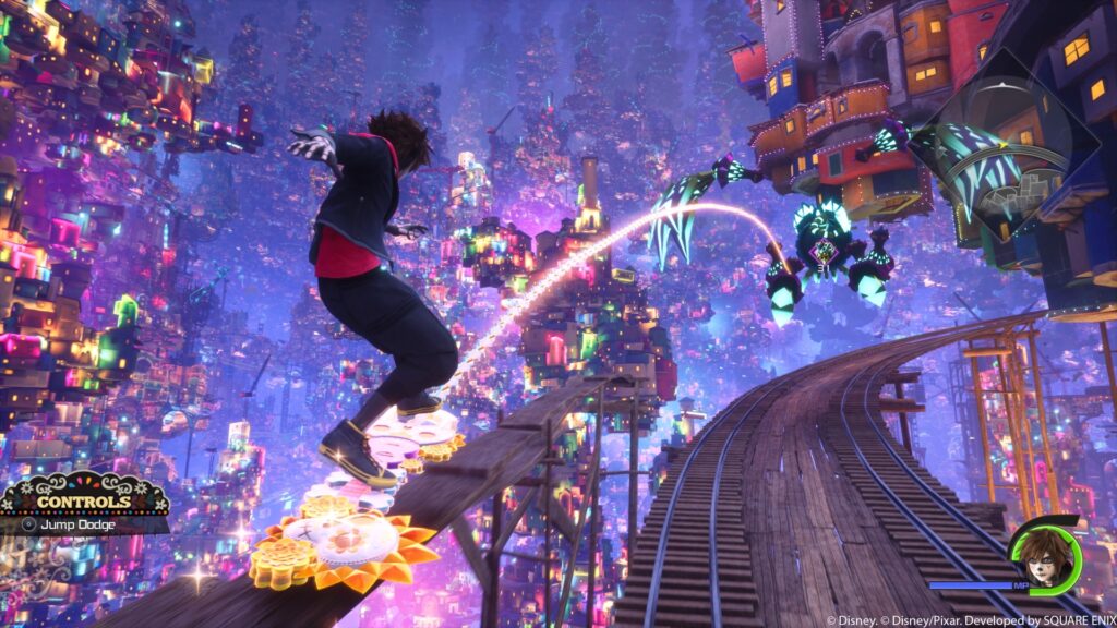 Sora meluncur di atas rel kereta dengan indikator Jump Dodge di kiri bawah