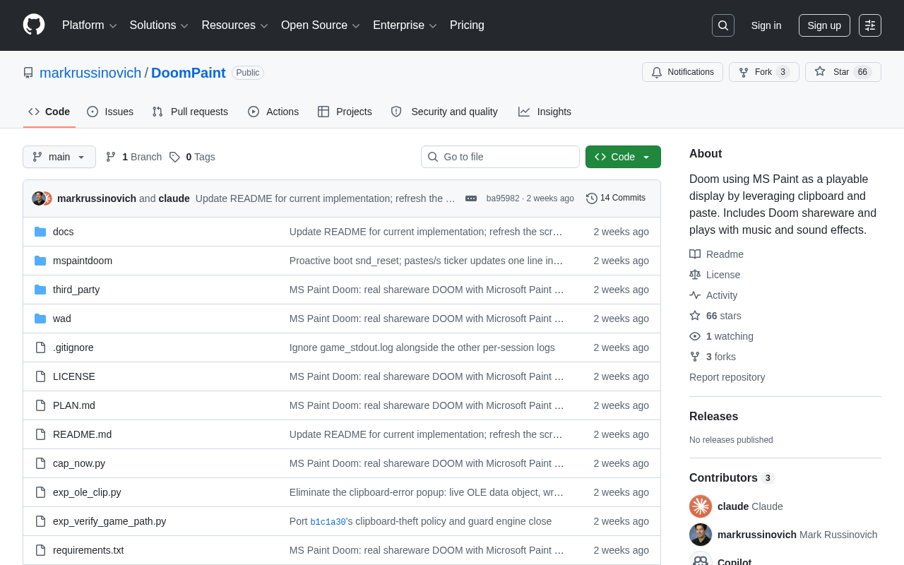 Halaman repositori DoomPaint di GitHub dengan kontributor claude dan Copilot