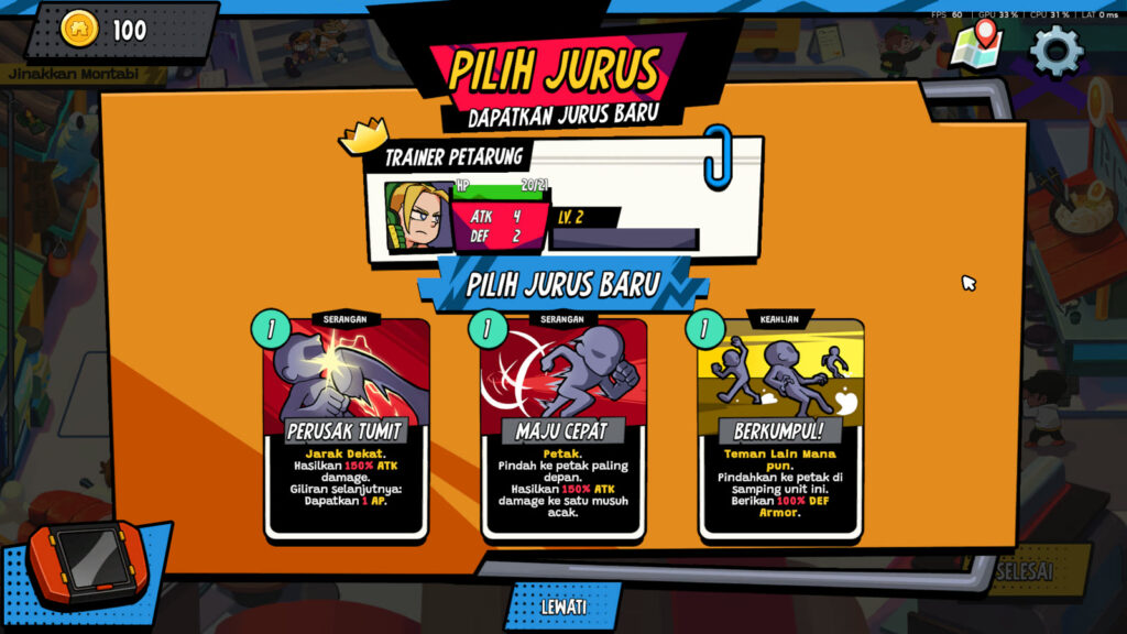 Layar Pilih Jurus setelah naik level di Montabi