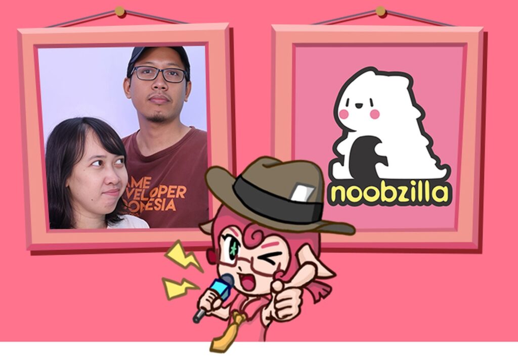 Foto UB dan Estu, duo pendiri Noobzilla, di samping logo studio
