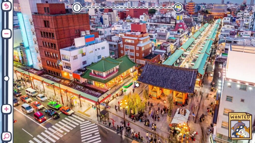 Gameplay Pictective pertama dengan foto kawasan Asakusa dan penanda Wanted