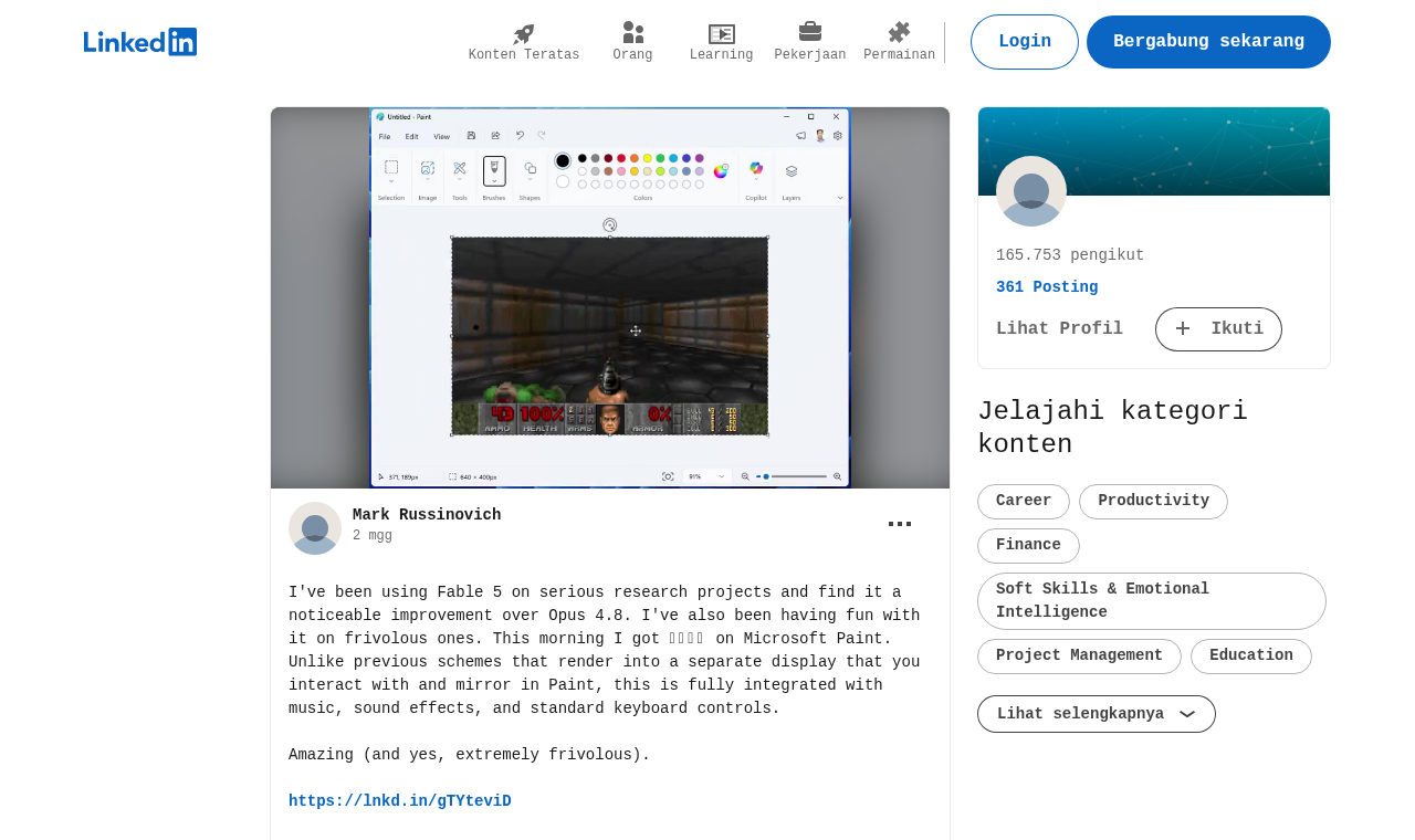 Unggahan Mark Russinovich di LinkedIn soal Fable 5 dan Doom di Paint