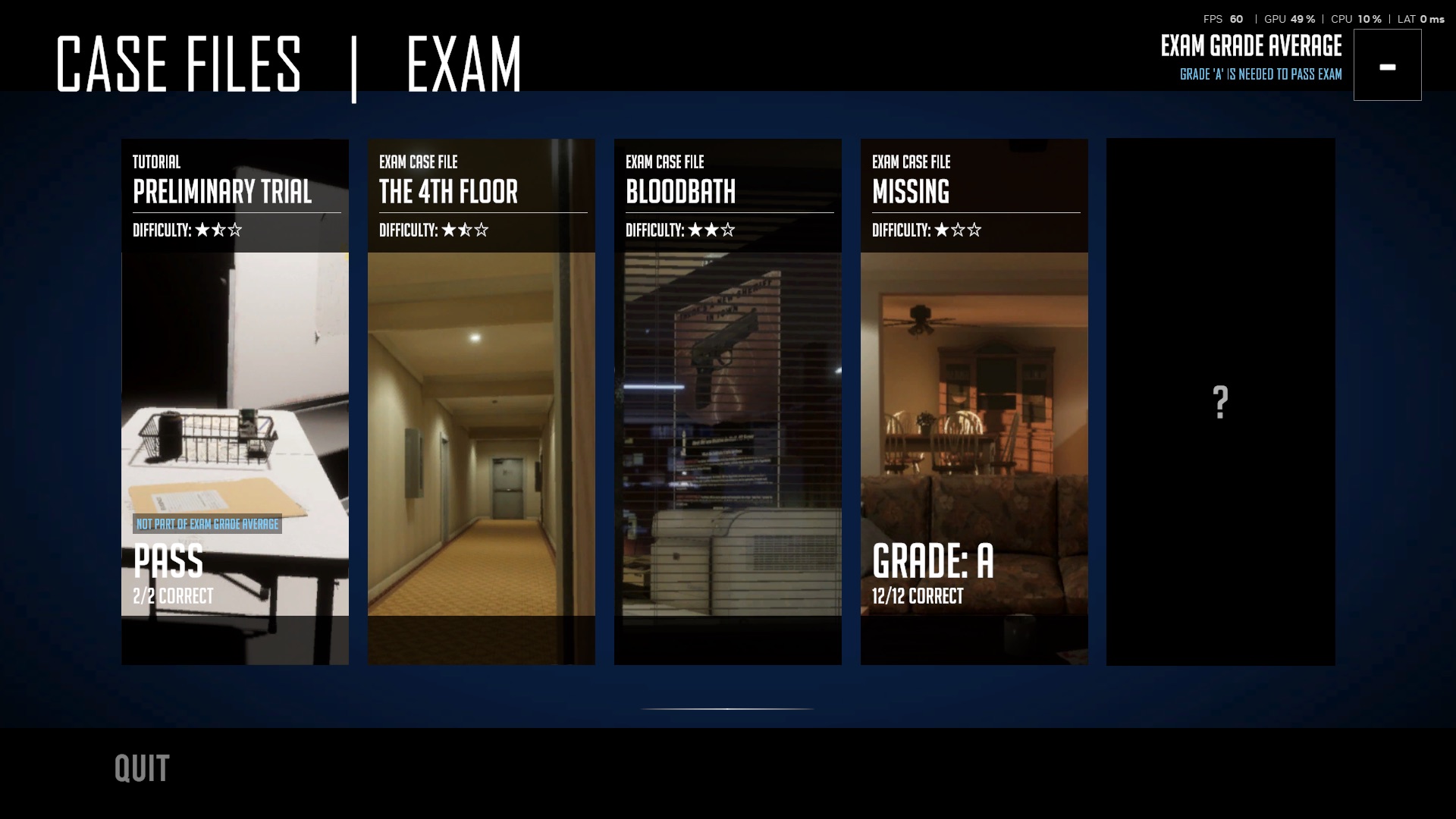 Menu Case Files menampilkan daftar kasus, difficulty rating, dan grade