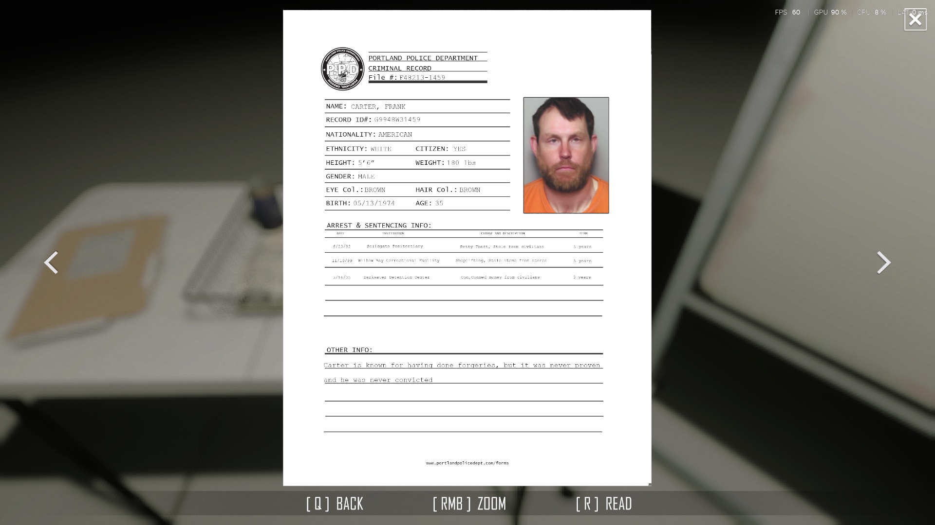 Lembar criminal record Portland Police Department atas nama Frank Carter