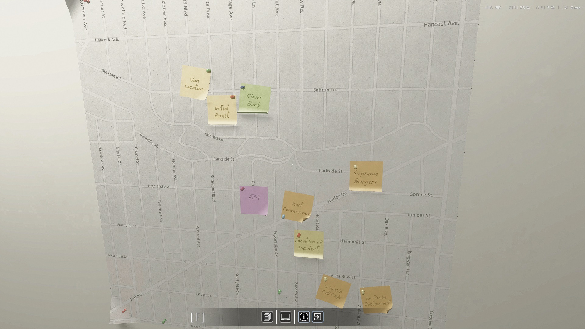 Peta kota dengan sticky notes menandai lokasi terkait kasus