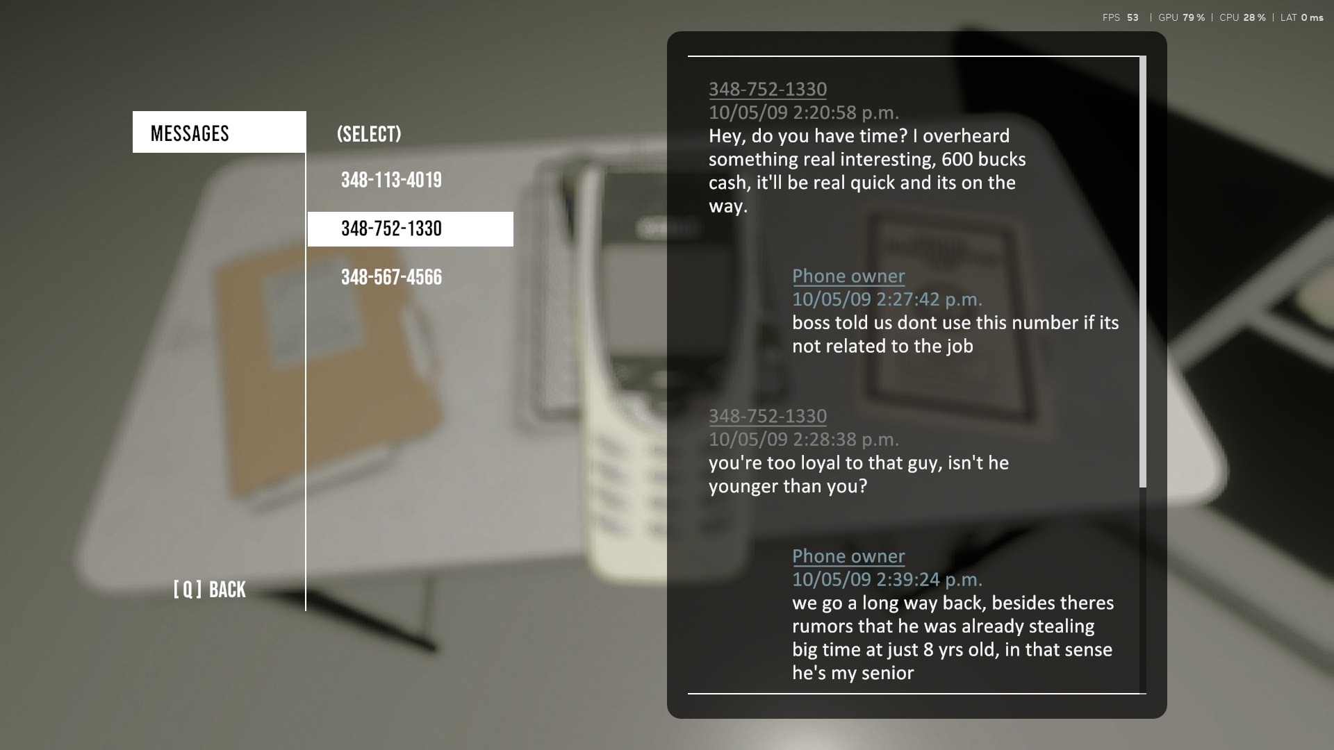 Menu Messages pada ponsel bukti menampilkan percakapan SMS bertimestamp