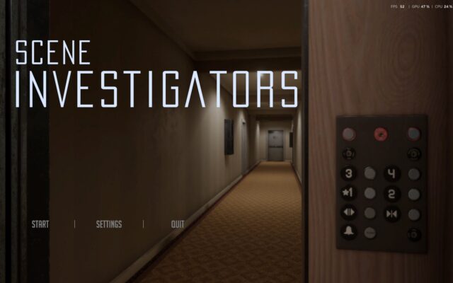 Layar judul Scene Investigators dengan koridor hotel dan panel lift