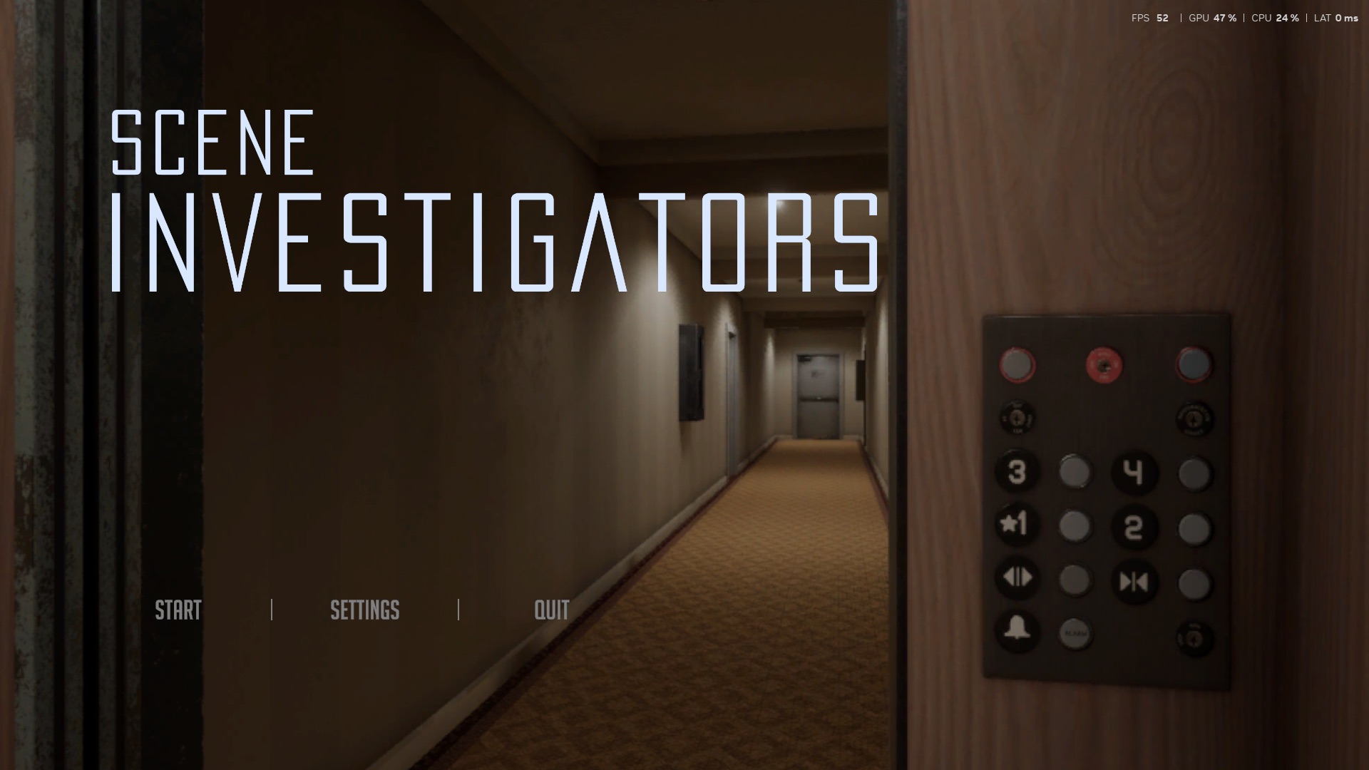 Layar judul Scene Investigators dengan koridor hotel dan panel lift