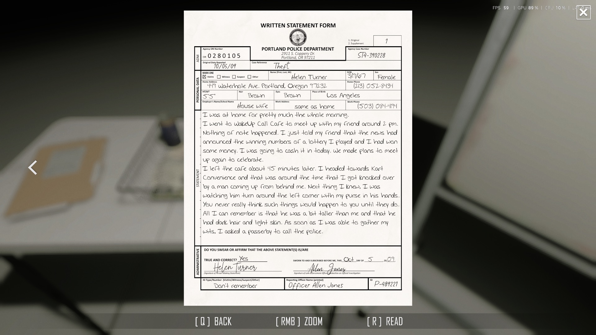 Formulir keterangan tertulis Portland Police Department atas nama Helen Turner