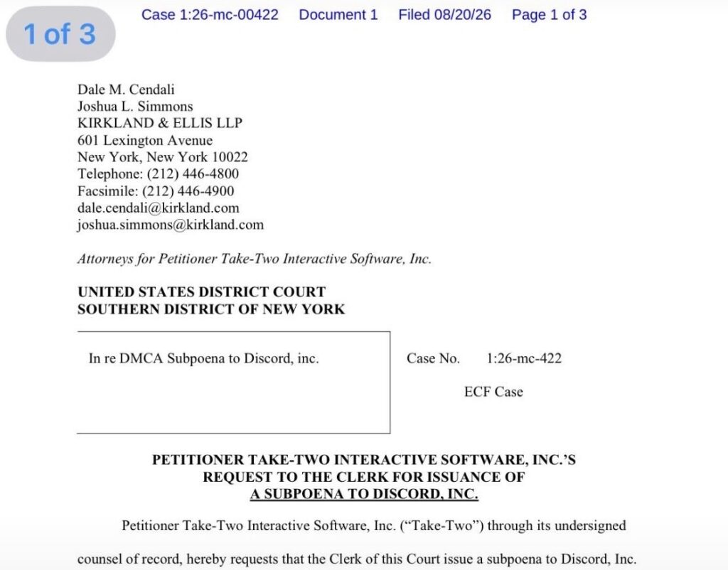 Halaman pertama permohonan subpoena DMCA Take-Two kepada Discord di pengadilan federal New York