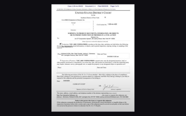 Formulir subpoena pengadilan federal New York yang ditujukan kepada Discord Inc dalam perkara Take-Two