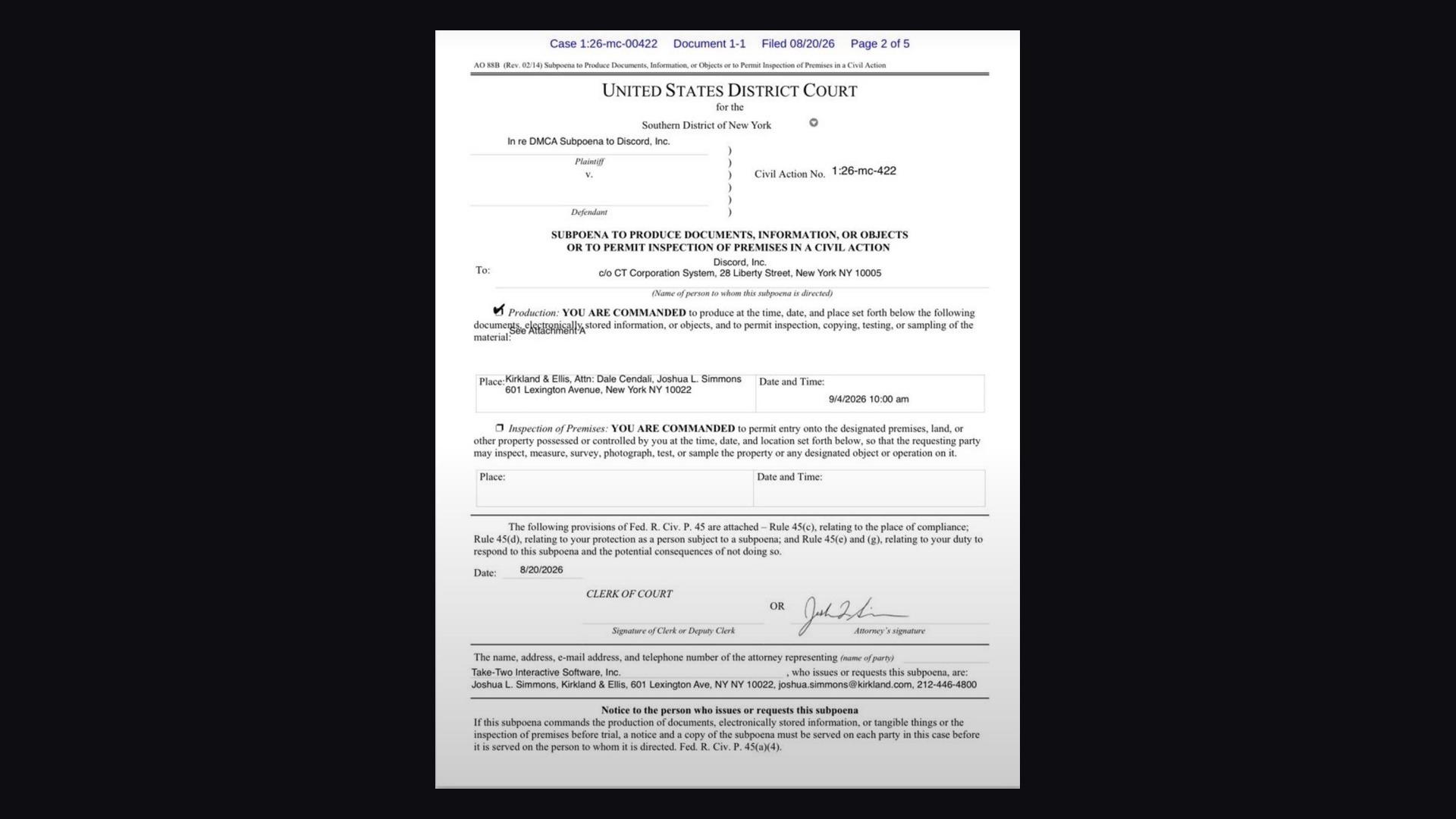 Formulir subpoena pengadilan federal New York yang ditujukan kepada Discord Inc dalam perkara Take-Two
